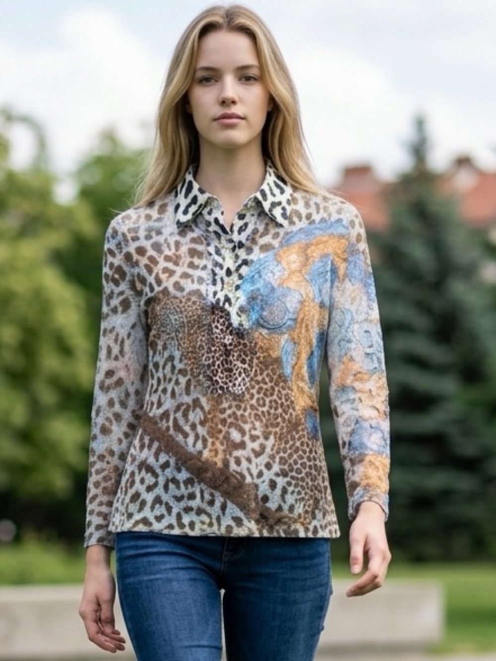 Fantazia Leopard & Floral Lace Mixed Print Top - Crystal Buttons - Sz S
